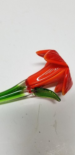 MURANO ART STYLE ORANGE LILY w/ ONE GREEN LEAF LONG STEM GLASS FLOWER 19