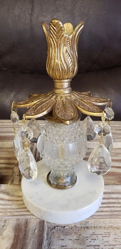 Vtg Pair marble base candle stick holders dangle prisms Italy Romania