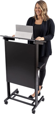 Mobile Adjustable Height Rolling Lectern Podium with Heavy Duty Steel Frame (Bla