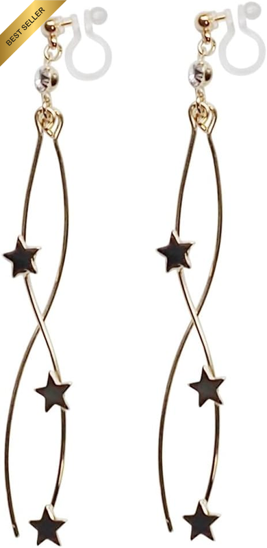 Gold Star Wave Bar Invisible Dangle Clip on Earrings for Women Comfortable Non P
