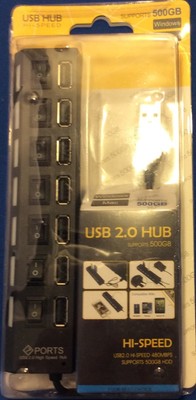 Kocaso 7 Port USB Hub with On & Off Switch Black Hi-Speed supports 500 GB NEW