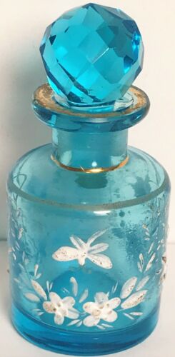 Antique Aqua Blue White Enameled Mary Gregory Glass Perfume Bottle w/Stopper