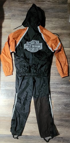 Harley Davidson 2 Piece Jacket & Pants Hi- Vis Rain Suit Black & Orange Mens S