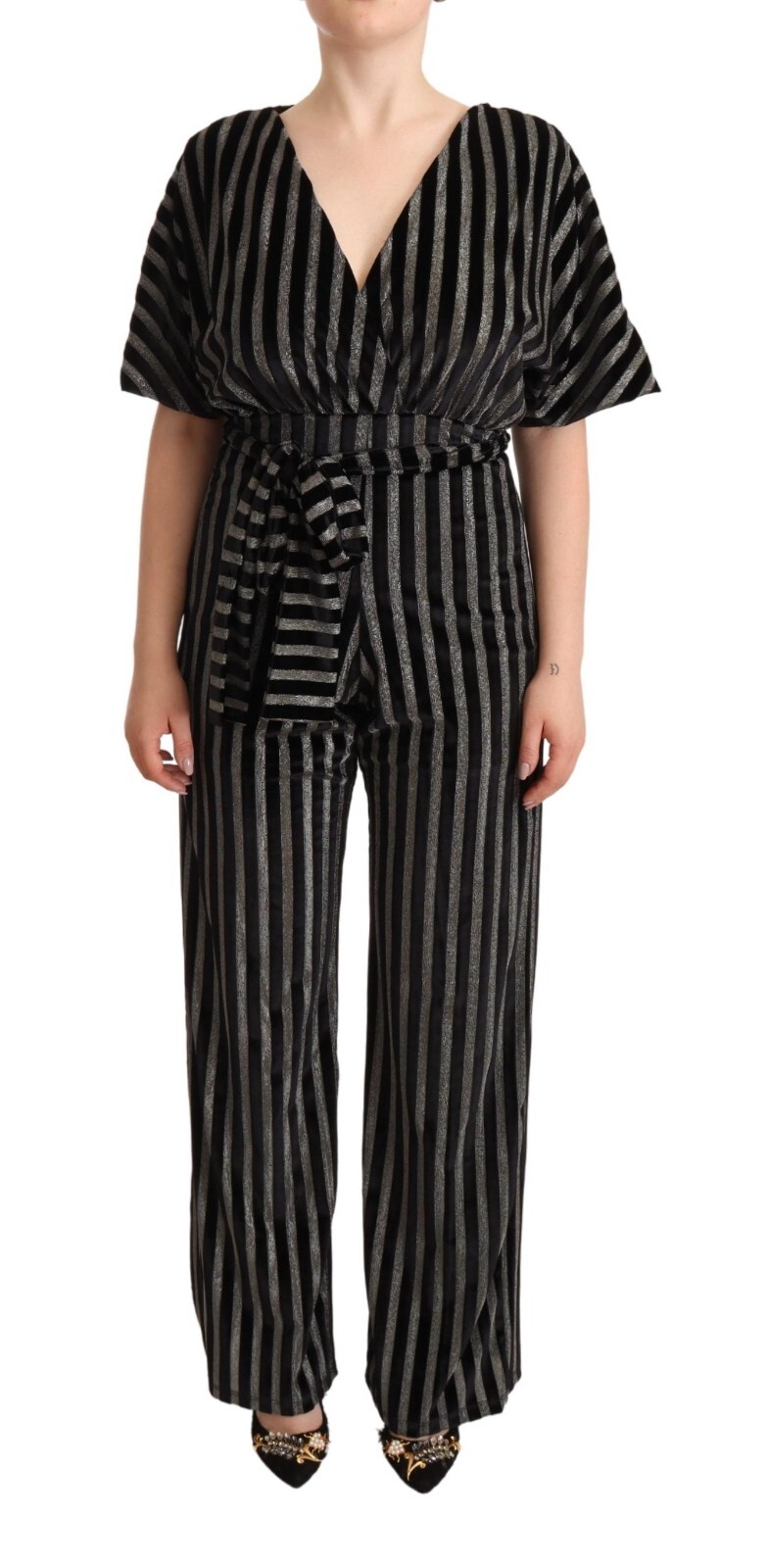 

Платье REVISE Комбинезон черного, серебристого цвета в полоску с люрексом и V-образным вырезом с поясом IT40/US6/ $500, Черный