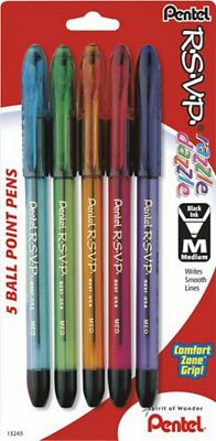 NEW Pentel RSVP Razzle-Dazzle Ballpoint Pen 5-PACK Med Tip BLACK Ink BK91RDBP5M