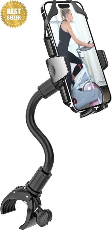 Indoor Bike Phone Mount, [Anti-Shake Tether] Gooseneck Cell Phone Holder for Spi