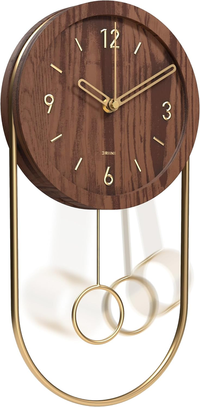 Decorative Wall Clock with Pendulum (Dark) – Modern Wood, 3D Gold Numbers, Metal Frame – Small, Unique Wall Clocks for Living Room Decor or Bathroom - Battery Operated, Silent, Non-Ticking
