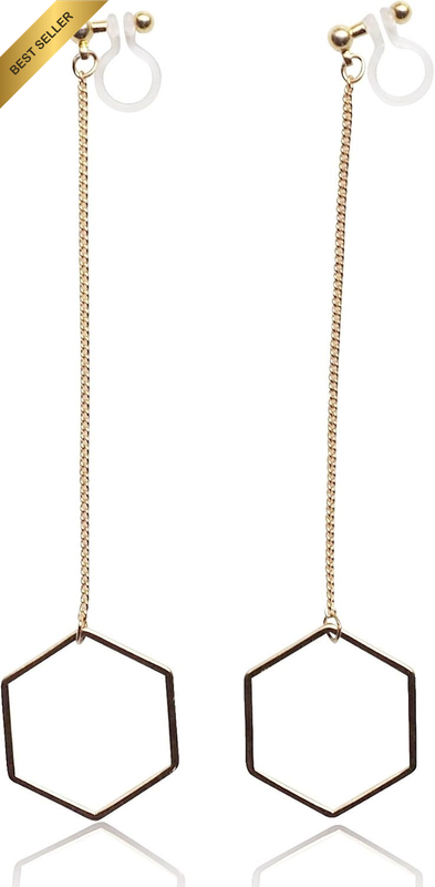 Gold Hexagon Hoop Long Chain Dangle Clip On Earrings for Women Invisible Non Pie