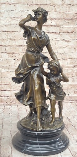 Art Deco Loving Mother Walking with Her Child Genuine Bronze Sculpture Figure