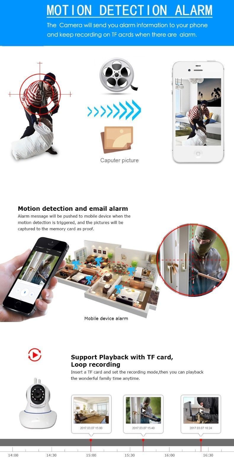 1080P Wireless Wifi Baby,Pet Monitor Panoramic Night Vision Alarm IP CCTV Camera