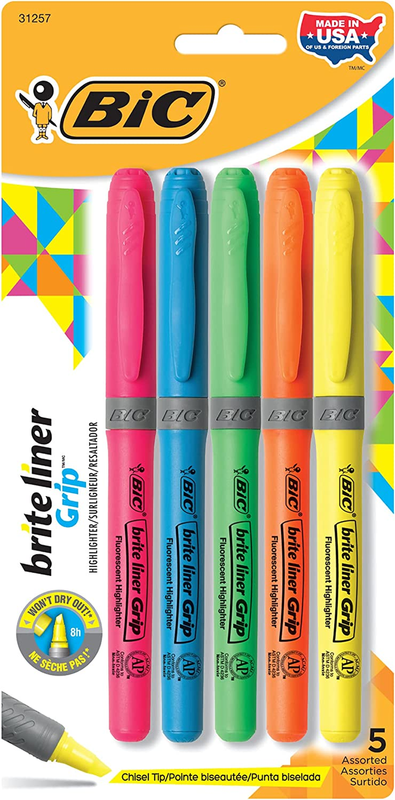 BIC Brite Liner Grip Highlighter, Chisel Tip, Assorted Color