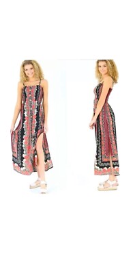 Angie Smocked Black Red Button Floral Print Summer Sun Boho Maxi Dress ( Large)