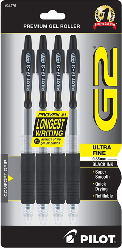 Pilot, G2 Premium Gel Roller Pens, Ultra Fine Point 0.38 Mm, Pack of 4, Black