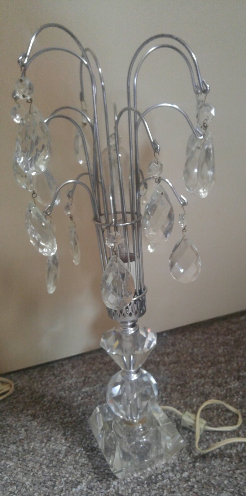 Art deco mcm Hollywood regency waterfall crystal hand cut glass pair lamps offer
