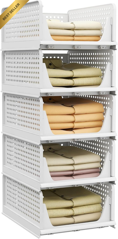 5 Pack Stackable Plastic Storage Basket, Foldable Closet Organizers and Storage