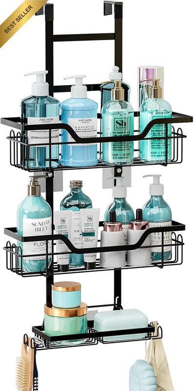 Over the Door Shower Caddy, 3 Tier No Drilling Shower Storage with Hooks for Raz