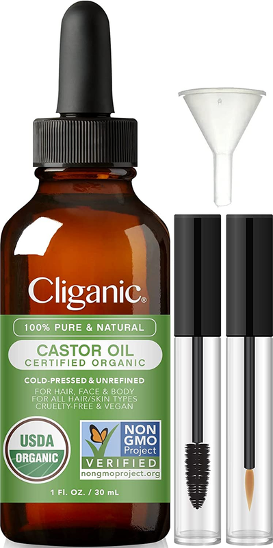 Organic Castor Oil, 100% Pure (1Oz with Eyelash Kit) - for Eyelashes, Eyebrows,