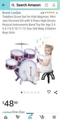  Kids Drum Set for Toddlers with 5 Piece High Drums, Mini Jazz Drumset Kit 