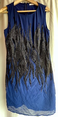 Susana Monaco Lizzy Blue Beaded Mini Dress Black Flames Lined Showroom Sample 4