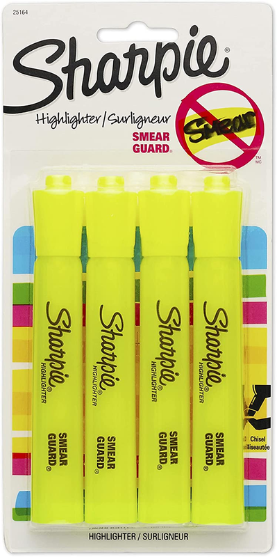 Sharpie Tank Style Highlighters, Chisel Tip, Fluorescent Yellow, 4 Count