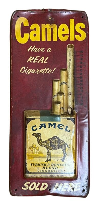 Antique Camel Cigarettes Advertising Tin Litho Thermometer Sign Early Tobacco