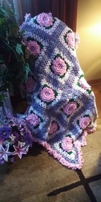 AFGHAN (handmade) Flower Motif 3D PINK BLOSSOM