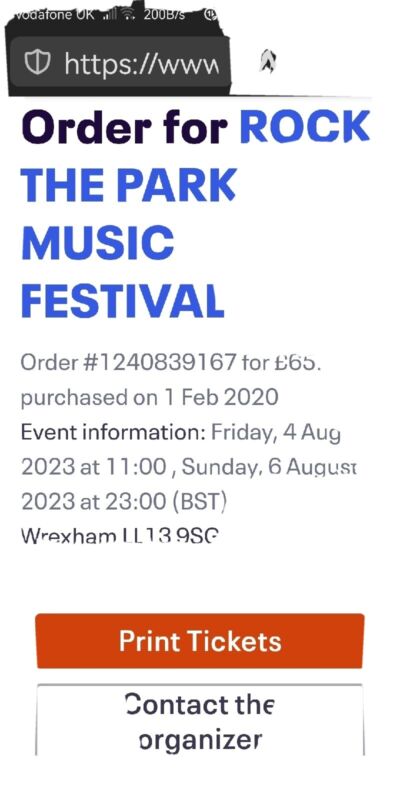 2 Adult Tickets For Rock The Park, Wrexham Sunday August 6th 2023