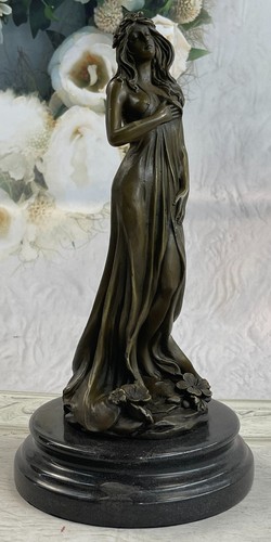 Nude Female Figure Girl Flowers in Her Hair Bronze Statue Sculpture Signed Art