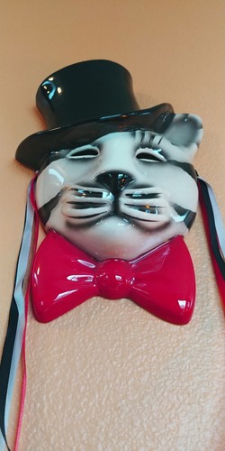 Vintage Signed Cateye Top Hat Ceramic Wall Plaque Mask Cat Decorative Kitty