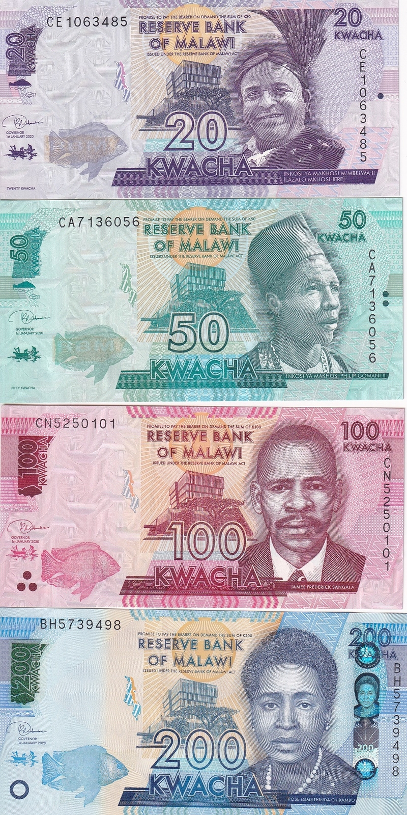 Malawi Set 4 Pcs 20 50 100 200 Kwacha Random Date P 60 P 63 P 64 P 65 UNC NHB