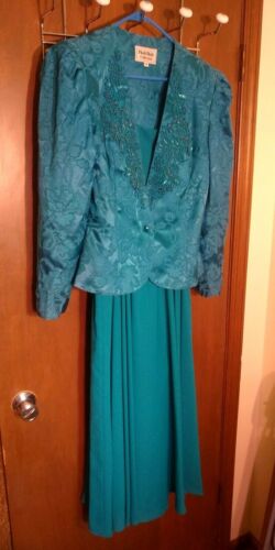 NAH NAH Collection 2 pc Teal Color Long Gown with Brocade Beaded Jacket Size 16