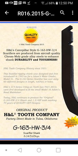 HL Tooth Scarifier Ripper Shank  Chrom Moly Steel Alloy Steel G 163 Mh 3/4 g163