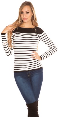 KouCla Pullover Strickpullover Sweater Ripp Pulli mit Zips gestreift