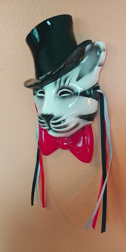 Vintage Signed Cateye Top Hat Ceramic Wall Plaque Mask Cat Decorative Kitty