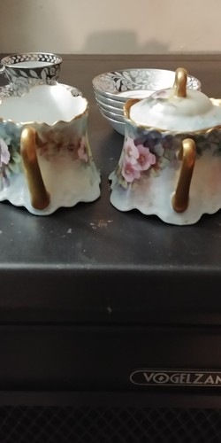 STUNNING BAVARIAN HAND PAINTED CREAMER AND COVERED SUGAR WITH HEAVY GOLD& ROSES