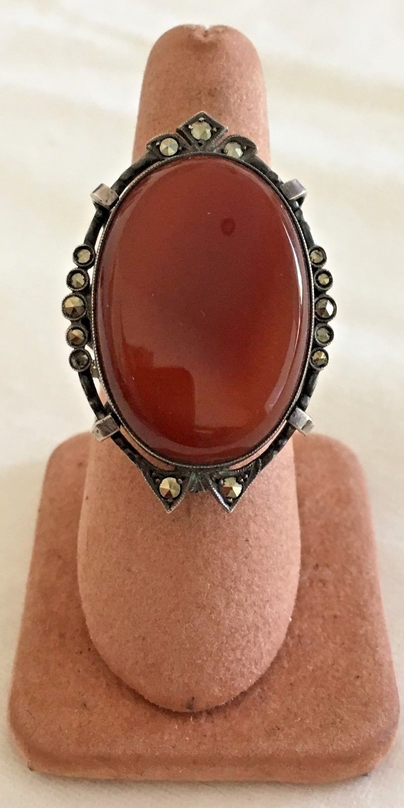 Fabulous Art Deco Silver Ring Carnelian Marcasite Size 8 1/2