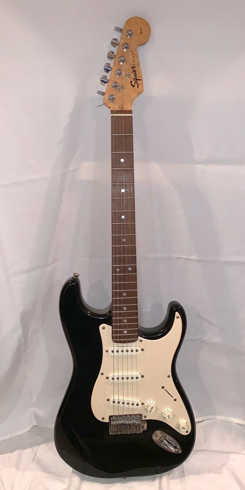 Squier Strat by Fender Electric Guitar Black and White w/New Squier Strat by Fender Electric Guitar Black and White w/New