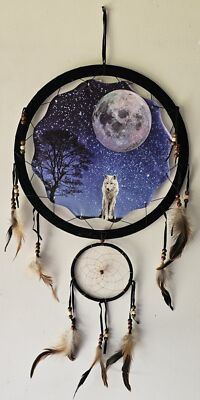 WOLF MOON STARS NIGHT SKY TREE ANIMAL INDIAN DREAMCATCHER 2 RINGS