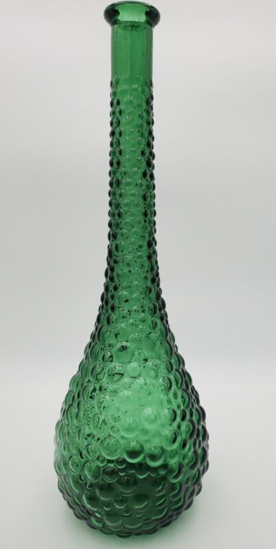 Vintage MCM Empoli Glass 15.5" Bottle Forest Green Bubble Style No Stopper