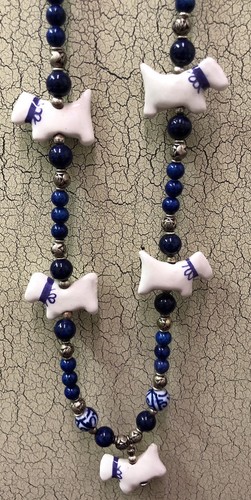 Vintage Ceramic Bead Necklace Scottish Terrier Dog Scotty Blue And White