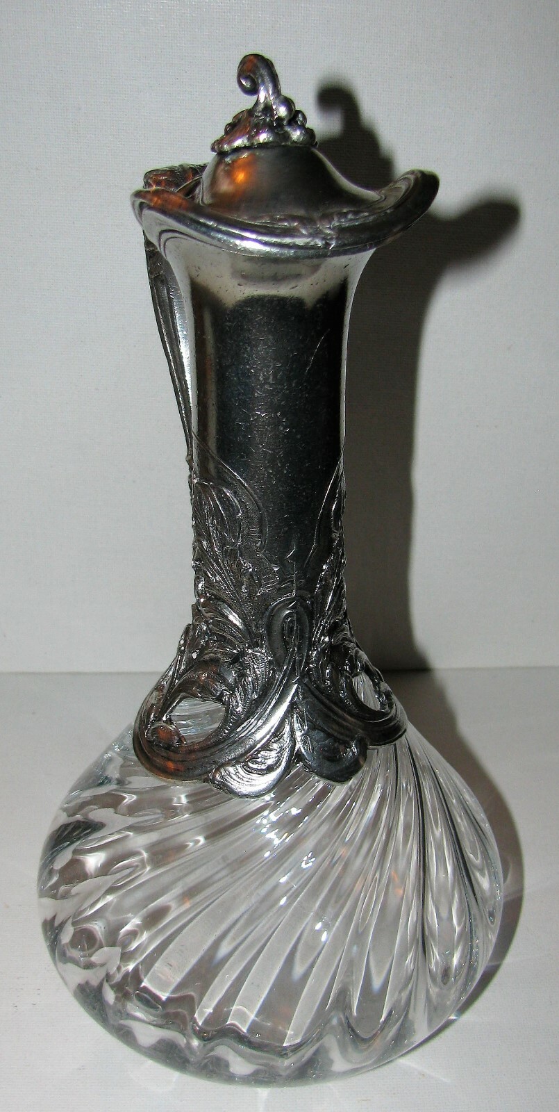 Vintage Crystal Ewer Carafe Silver Pewter Art Nouveau Casing