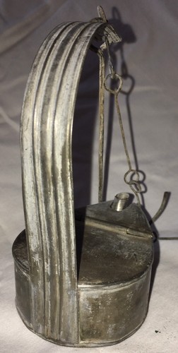 EARLY TIN STANDING WHALE GREASE OIL  BETTY LAMP