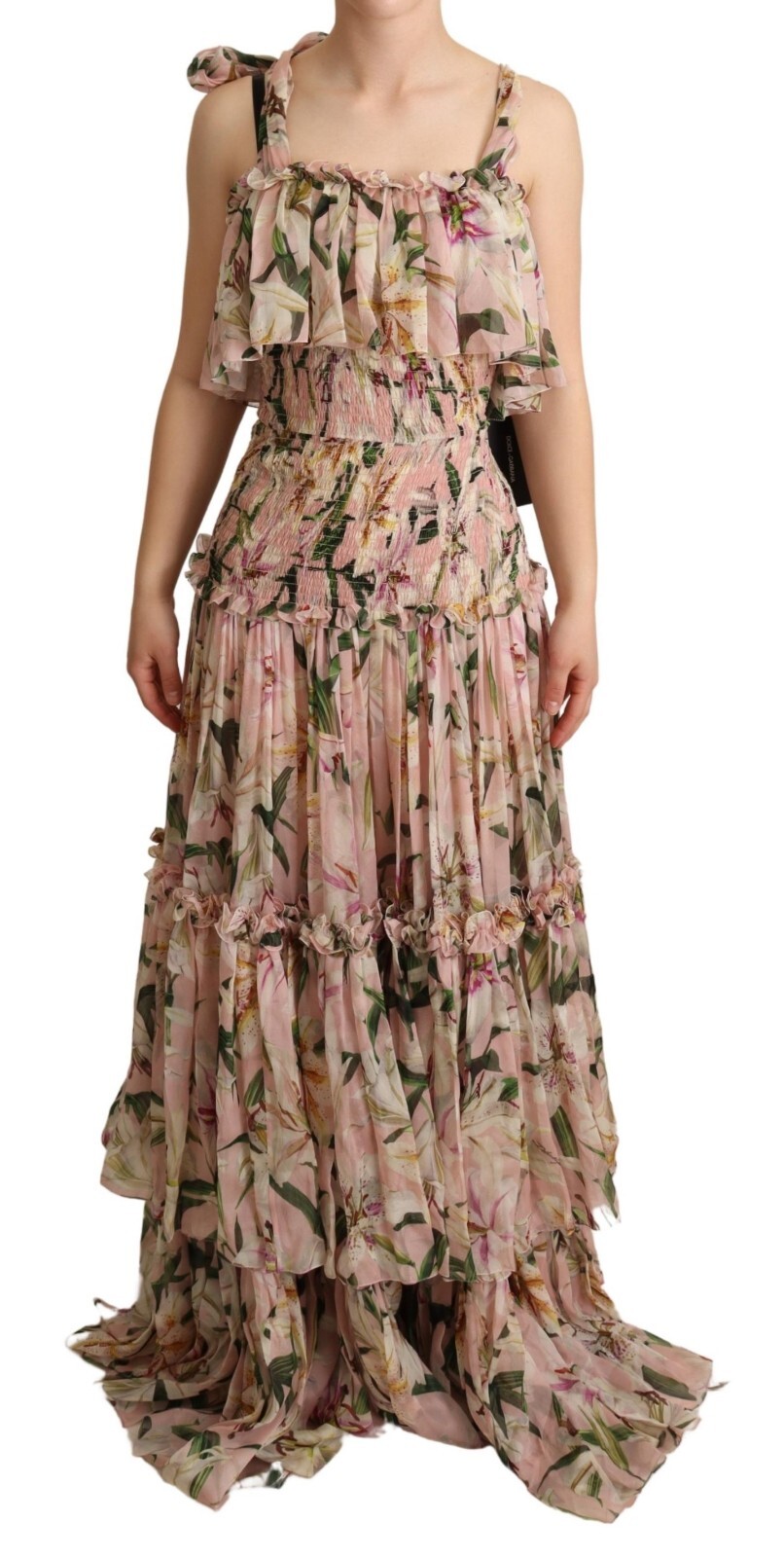 

DOLCE - GABBANA Платье розовое из шелкового шифона с цветочным принтом, многоярусное IT36/ US2 /  $8000, Розовый