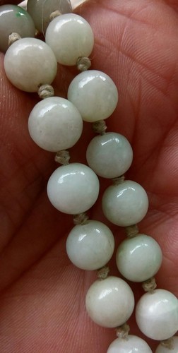 Sterling Antique Chinese Handknotted Celadon Jade Bead Necklace 18