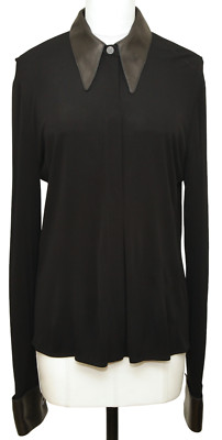 HERMES Black Blouse Shirt Top Leather Viscose Palladium Buttons Sz 42 VINTAGE
