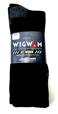WIGWAM 3-PAIRS *AT WORK'' CREW SOCKS COTTON BLEND BLACK/GRAY SZ LG (9-12 SHOE)