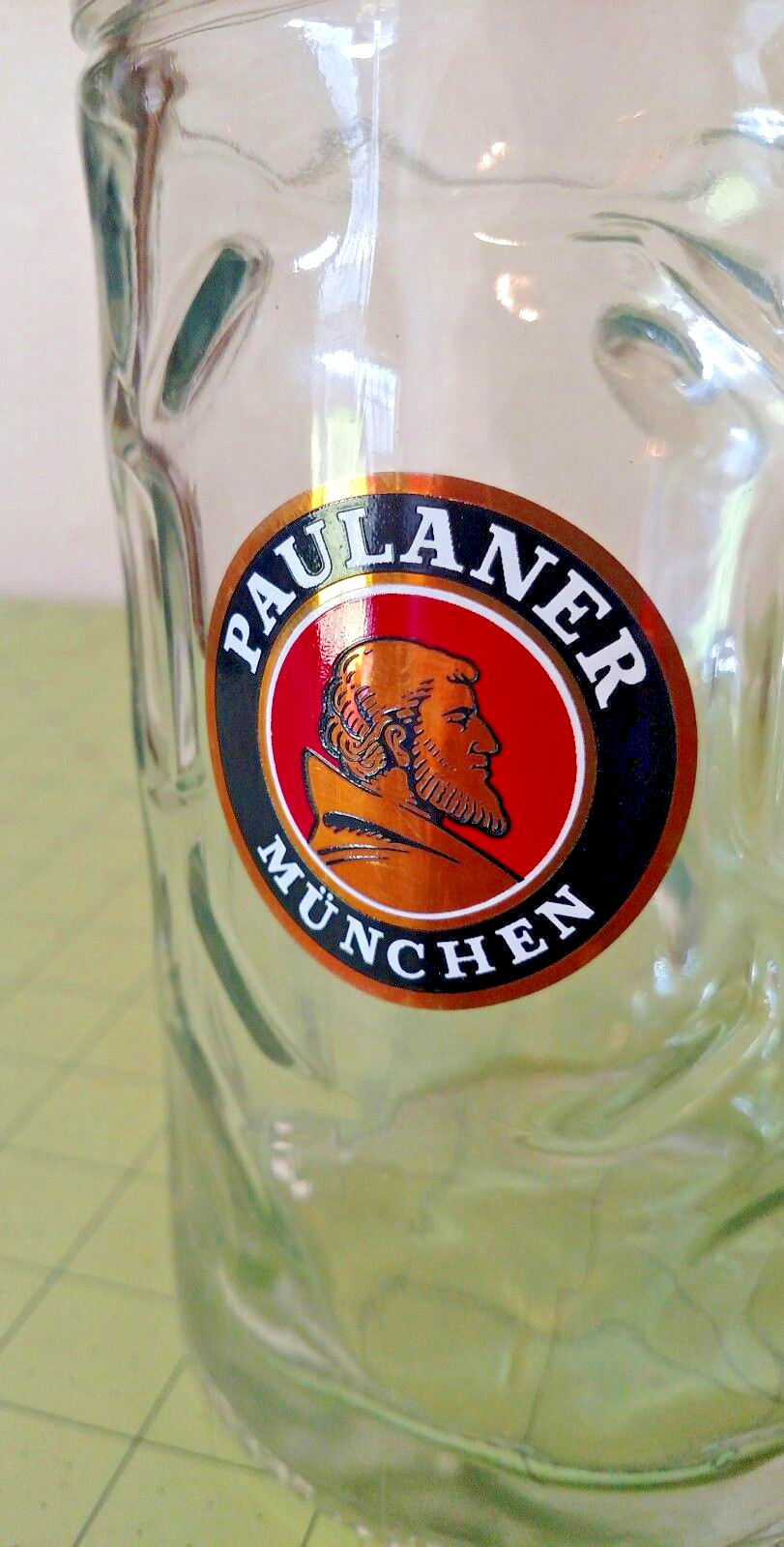 Paulaner Munich Large Dimpled Clear Glass Beer Mug Stein 1 Liter Munchen Brewery