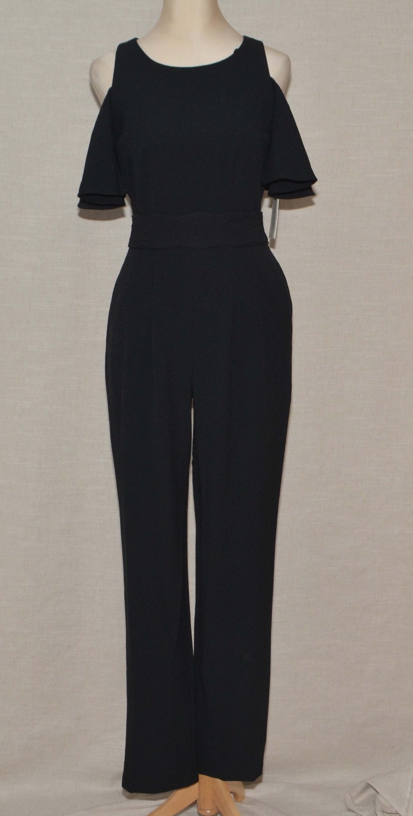 Eliza J Cold Shoulder Jumpsuit 4 Black Crepe Flare short Sleeve Two Sash Pockts