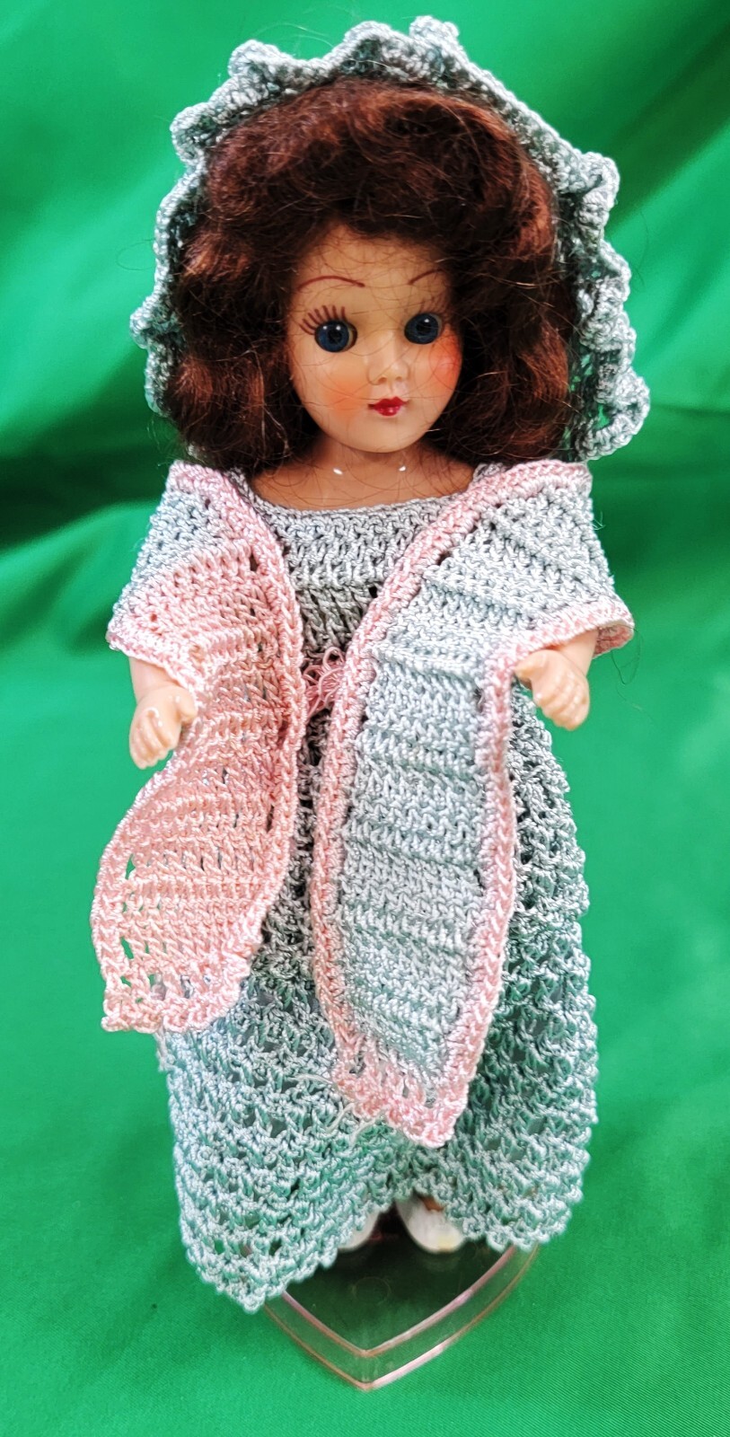 Vintage Sleepy Eye Plastic Doll w/ Handmade Green Crochet Dress Hat Scarf Slip