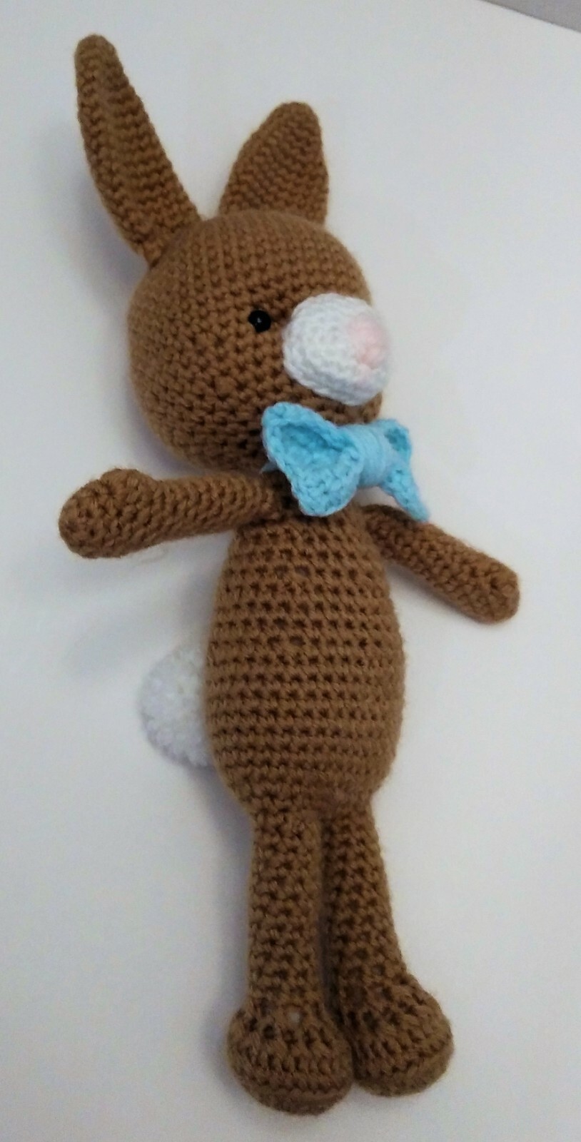 HANDMADE CROCHET BUNNY RABBIT STUFFED TOY WITH BOW TIE, BROWN/WHITE/BLUE 10.5